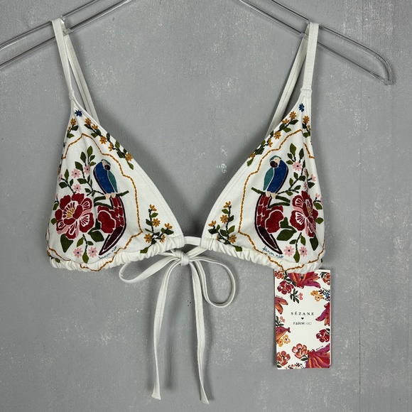 Sezane X Farm Rio size US 10 triangle swim bikini Ivory Jardim Romantico Parrot - Picture 1 of 12